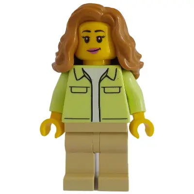 Modern House Resident - Female, Yellowish Green Jacket over White Shirt, Tan Legs, Medium Nougat Hair Wavy