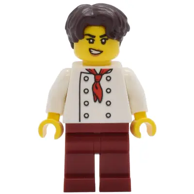 Tudor House Chef - White Torso with 8 Buttons, Dark Red Legs, Dark Brown Hair Wavy
