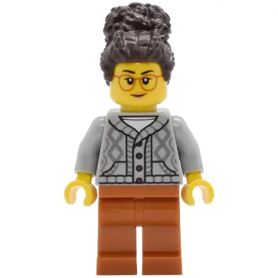 Tudor House Inn Owner - Light Bluish Gray Knit Cable Cardigan Sweater, Dark Orange Legs, Dark Brown Coiled Hair with Bun
