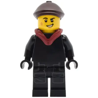 Tudor House Chimney Sweep - Black Torso and Legs with Dark Bluish Gray Pockets, Dark Brown Flat Cap, Dark Red Hood Folded Down