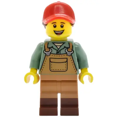 Gardener - Female, Medium Nougat Overalls over Sand Green Shirt, Reddish Brown Boots, Red Ball Cap with Reddish Brown Ponytail