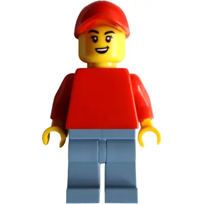 Bike Burger Cart Driver - Female, Red Torso, Sand Blue Legs, Red Cap