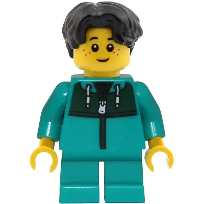Child - Boy, Dark Turquoise Jacket with Dark Green Panel, Dark Turquoise Short Legs, Black Hair Wavy