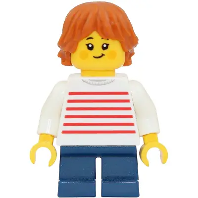 Child - Girl, White Sweater with Red Horizontal Stripes, Dark Blue Short Legs, Dark Orange Tousled and Layered Hair