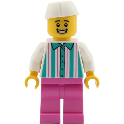 Food Vendor - Male, White Shirt with Dark Turquoise Stripes, Dark Pink Legs, White Butcher / Food Service Cap