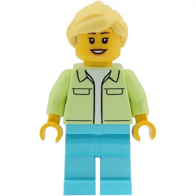 Ferris Wheel Operator - Female, Yellowish Green Jacket over White Shirt, Medium Azure Legs, Bright Light Yellow Hair Ponytail, Hearing Aid