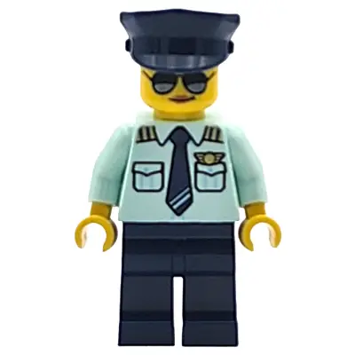 Airplane Pilot - Female, Light Aqua Uniform Shirt with Tie, Dark Blue Legs and Hat, Sunglasses