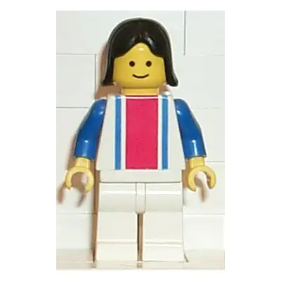 Vertical Lines Red & Blue - Blue Arms - White Legs, Black Female Hair