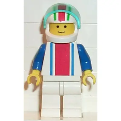 Vertical Lines Red & Blue - Blue Arms - White Legs, White Red/Green Striped Helmet, Trans-Light Blue Visor
