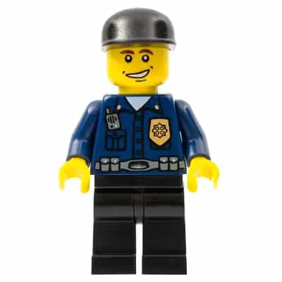 Police - World City Patrolman, Dark Blue Shirt with Badge and Radio, Black Legs, Black Cap, Smile