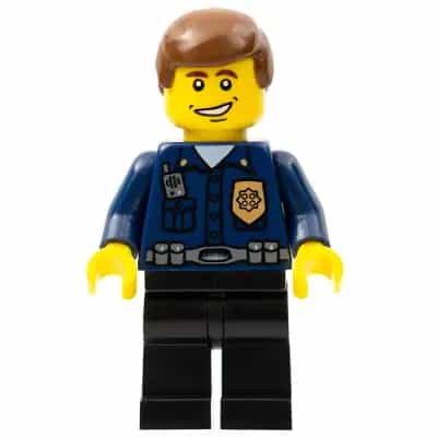 Police - World City Patrolman, Dark Blue Shirt with Badge and Radio, Black Legs, Brown Male Hair, Smile