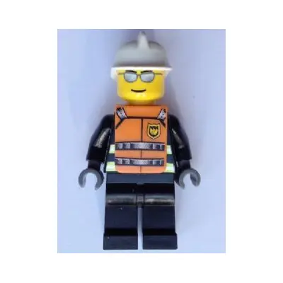 Fire - Reflective Stripes, Black Legs, White Fire Helmet, Silver Sunglasses, Orange Vest with Straps and Fire Logo and 'FIRE' Pattern (Stickers)
