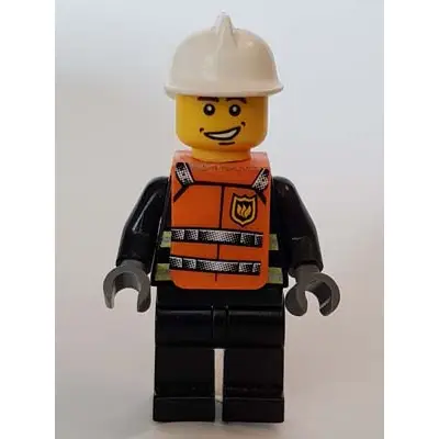 Reflective Stripes, Black Legs, White Fire Helmet, Smile, Orange Vest with Straps and Fire Logo and 'FIRE' Pattern (Stickers)